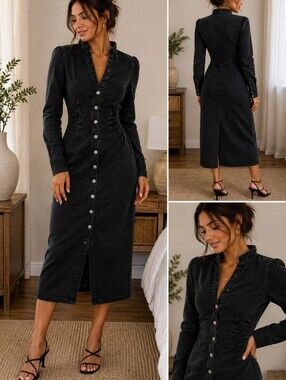 Zara Black Long-Sleeve Button-Front Shirt Dress Stretched